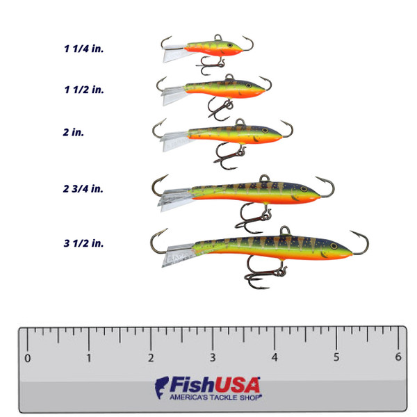 Rapala Jigging Rap color Glow Hot Perch sizes  1 1/4, 1 1/2, 2, 2 3/4, 3 1/2 inches compared over a 6 inch ruler