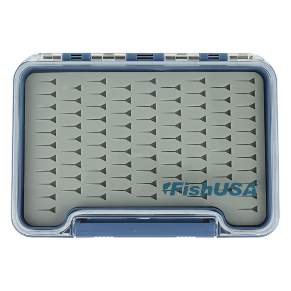 FishUSA Flagship Premium Jig & Fly Box Medium closed transparent cover shows slotted rubber pad insert